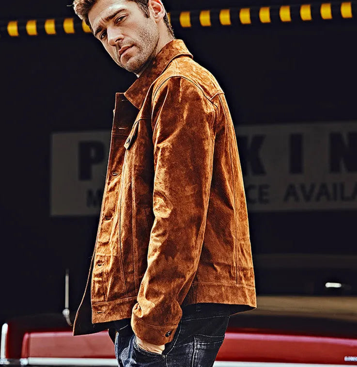 Men's brown pigskin leather biker jacket with asymmetric zip front and stand collar
