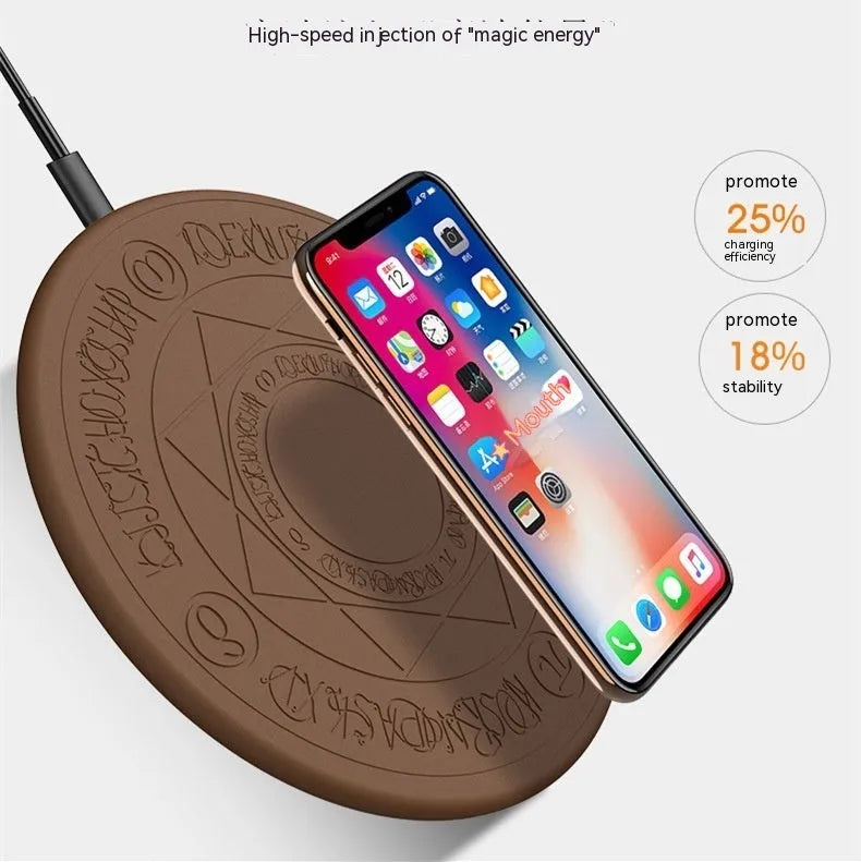 Magic Array second generation wireless charger in retro yellow on a wooden surface