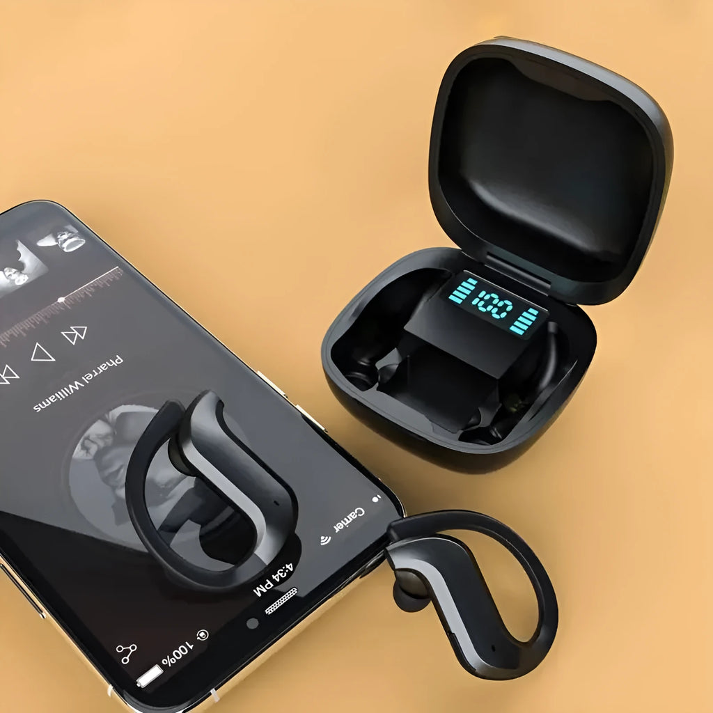 Black plastic wireless TWS sports Bluetooth headset with digital display screen, ear-mounted design