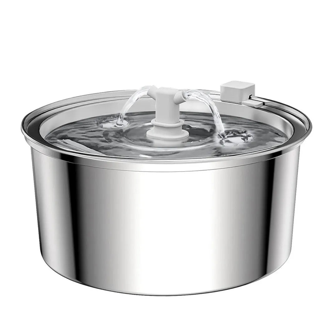 Stainless steel round pet water dispenser with large reservoir and selectable faucet attachment
