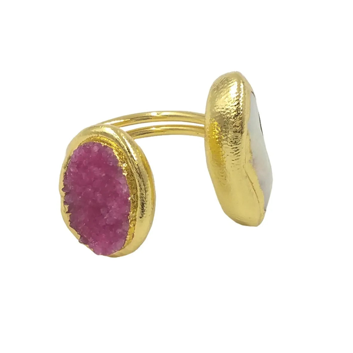 Artistic retro adjustable copper ring for women with geometric double ring style and electroplated finish in yellow colour