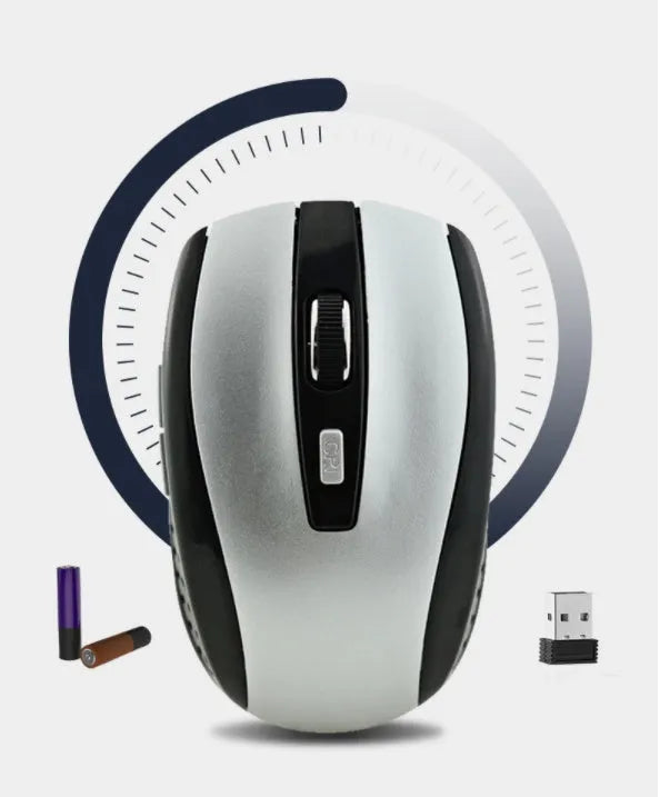 2.4G optical wireless mouse with 1000dpi sensor, six buttons, and four-way roller in black colour
