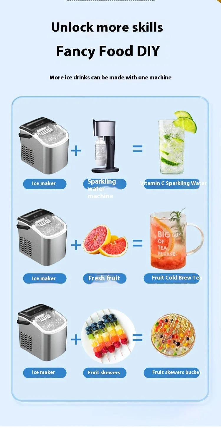 Silver countertop home ice machine with 1.2L capacity and push-button control on a kitchen counter