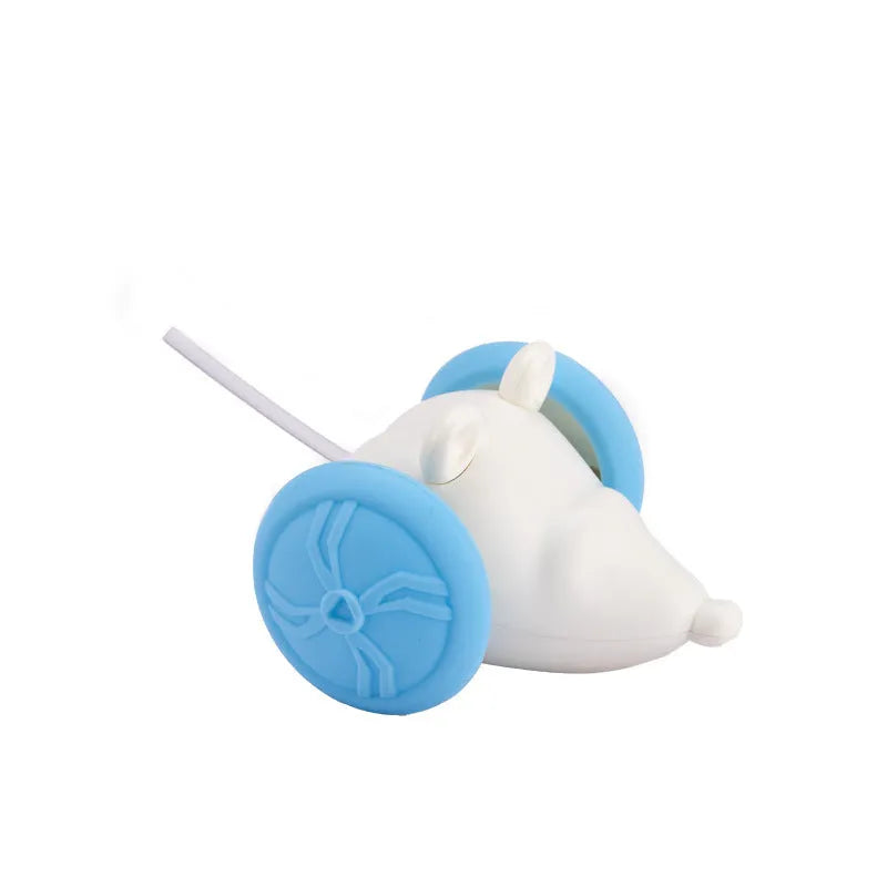 Electronic cat toy mouse with remote control, showing blue and yellow colour options