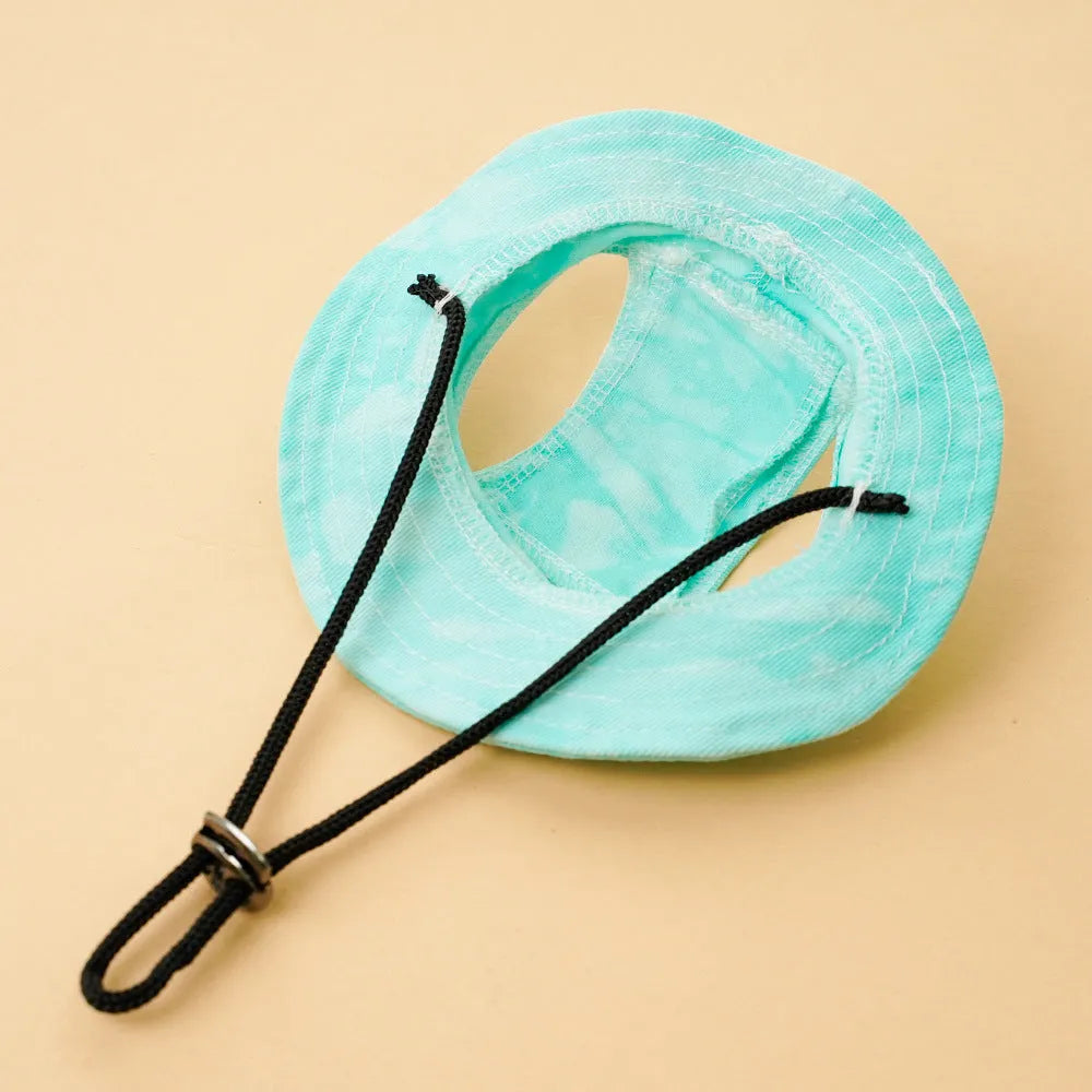 Pet sun protection hat with adjustable string clip for dogs and cats in black green light blue pink purple yellow