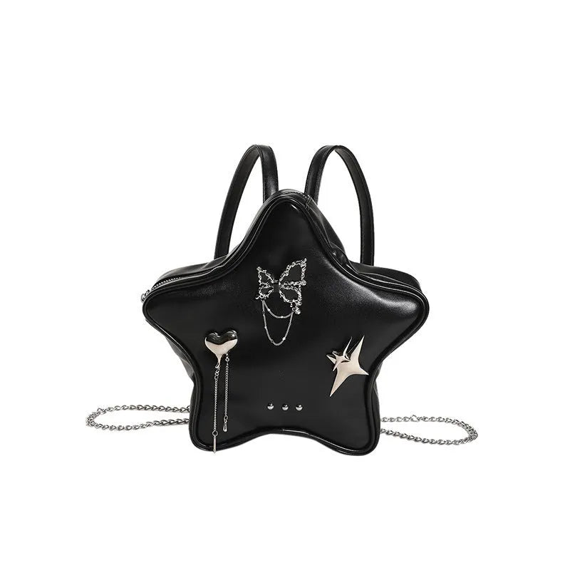 Black PU leather women's backpack with metal butterfly pendant charm and chain accents