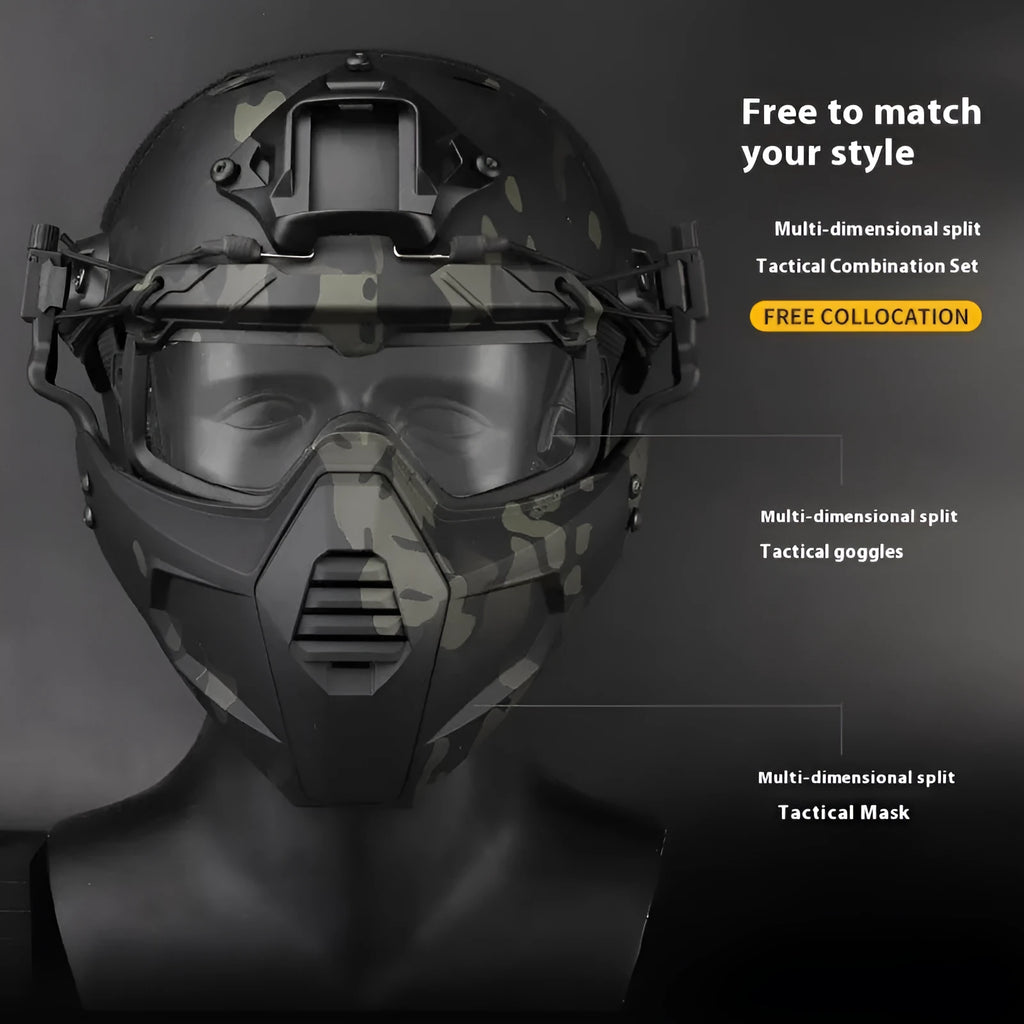 Tactical combination suit mask and goggles set in green with helmet style, free size, TPE and PC materials