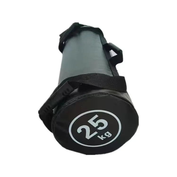 Flat white PVC fitness training sandbag for weight lifting in various sizes from 5kg to 30kg.