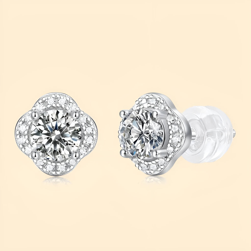 S925 silver flower earrings with two 50-point moissanite stones for women, fresh floral style
