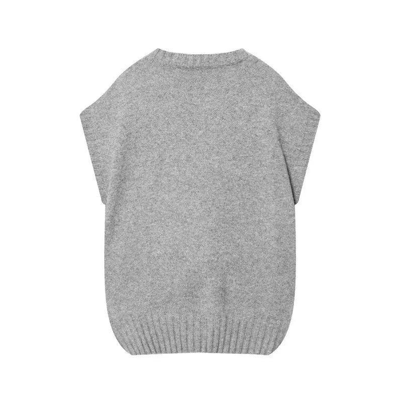 Grey knitted oversized vest sweater with contrast colour stripes for women, pullover style