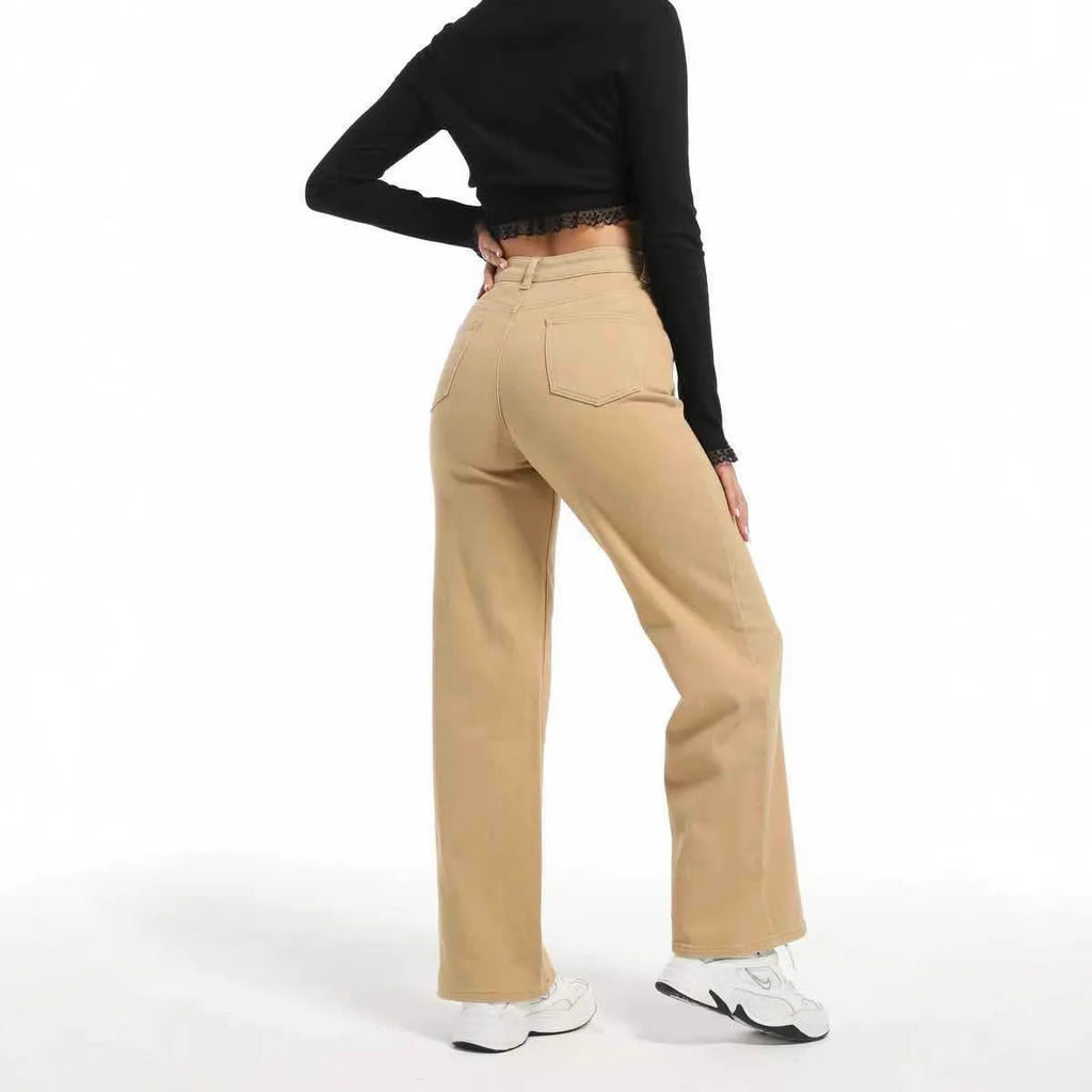 Women's apricot wide-leg straight jeans with high waist on a hanger.