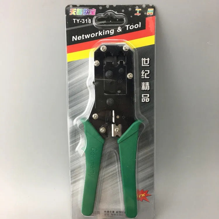 Green dual-purpose crystal head net pliers with tool steel jaws and plastic handle on plain background