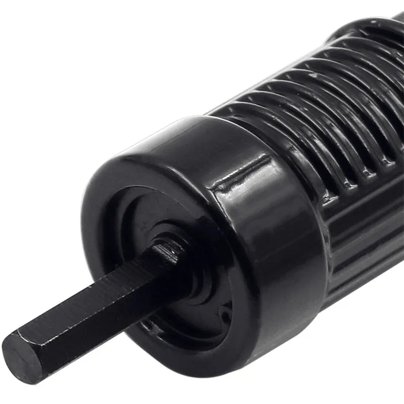 Black metal electric drill rivet gun conversion tool with handle and wrench.