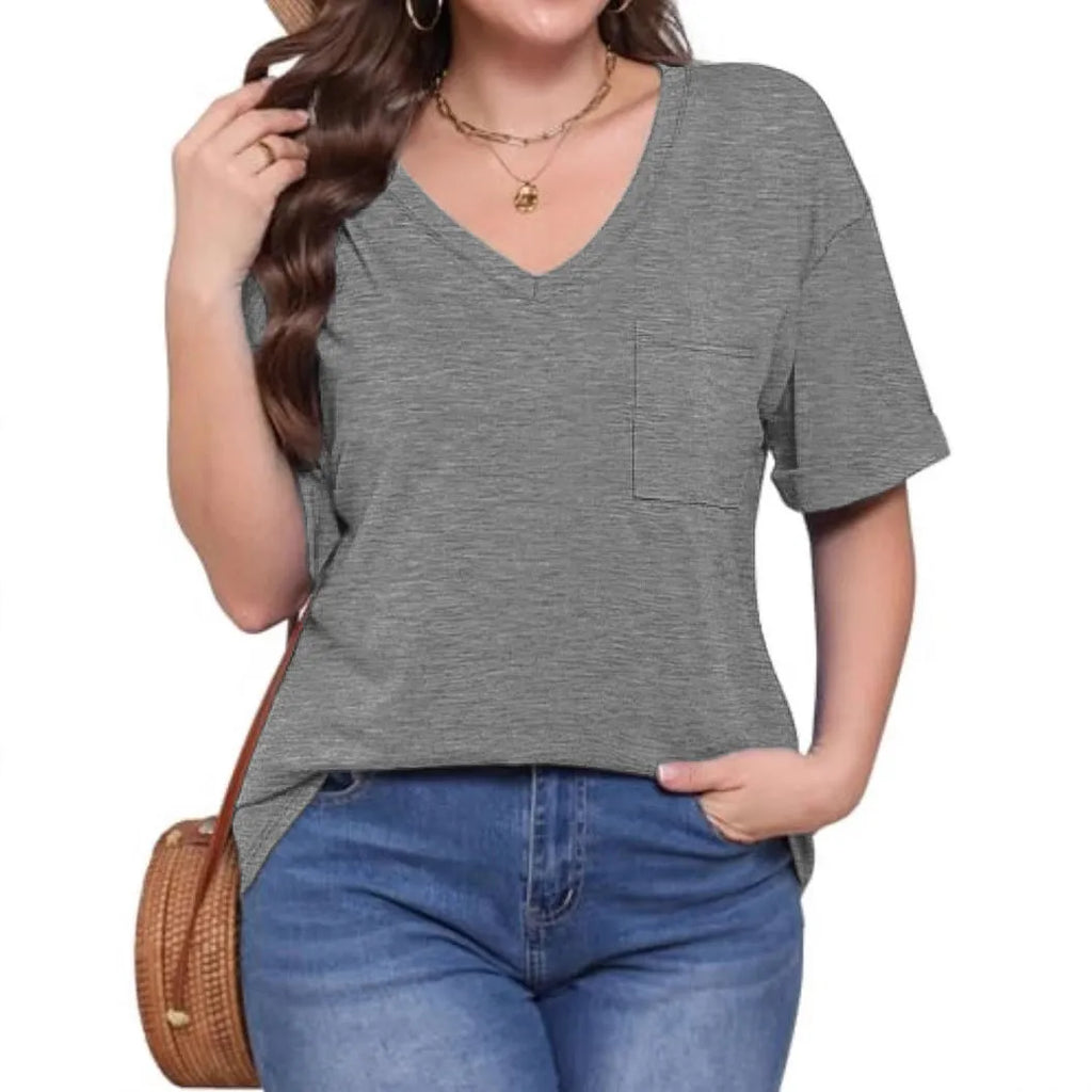 Grey loose fit V-neck short sleeve t-shirt with a chest pocket on a solid background.