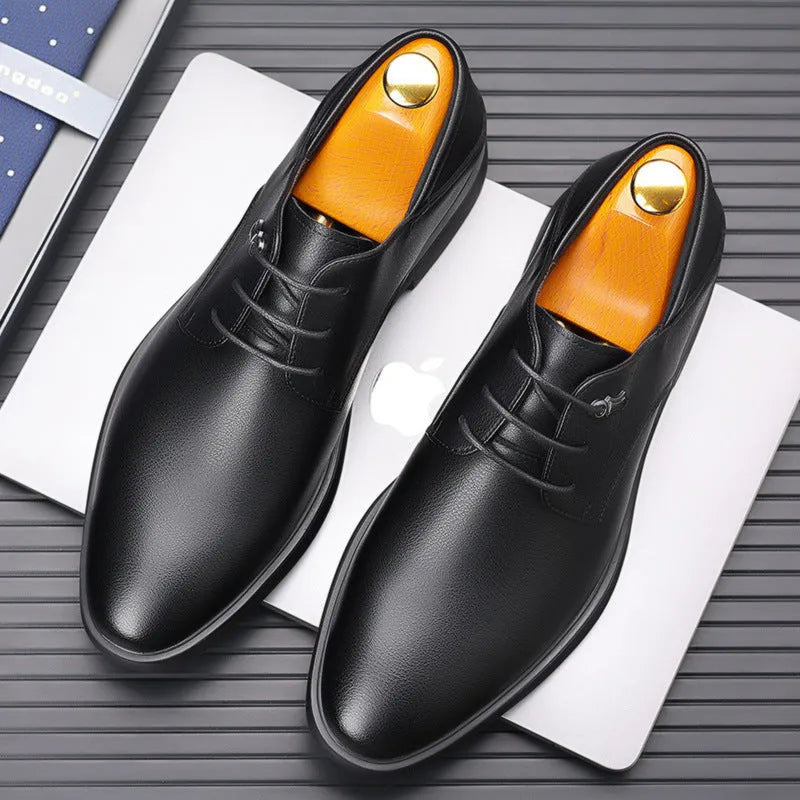 Men's black pointed toe cow split leather low heel dress shoes for business