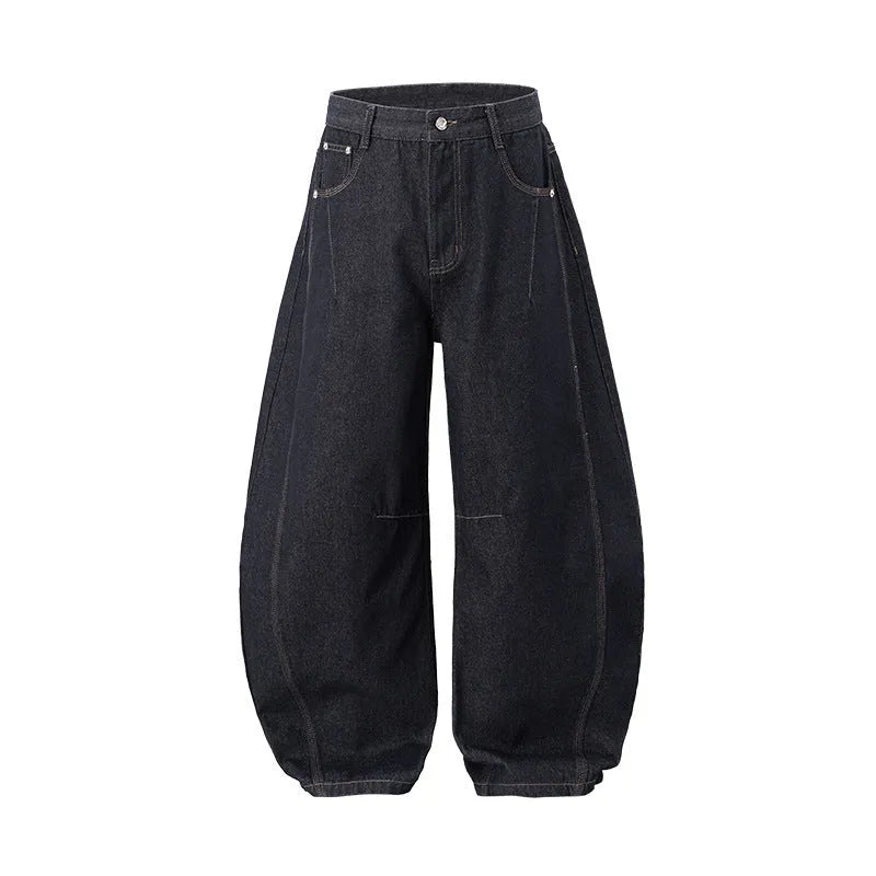 Men's wide leg denim trousers in original cow colour on a mid waist