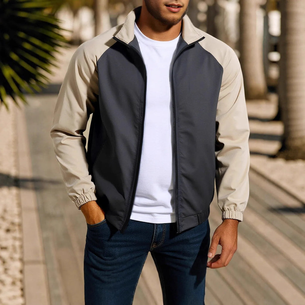 Men's loose fit casual jacket with stand collar and raglan sleeves in green, khaki, or red.