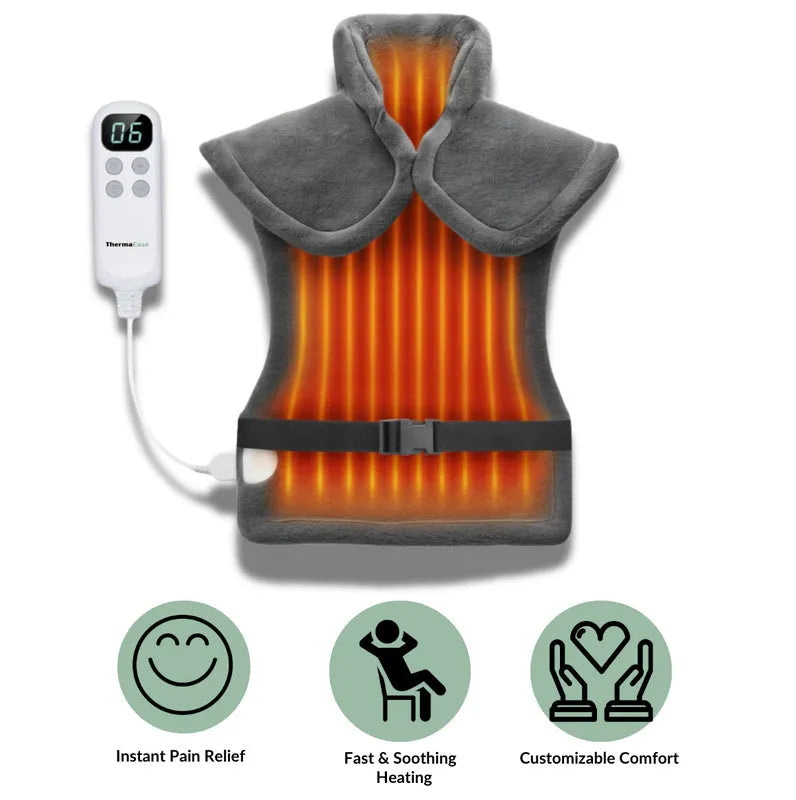 Grey heated shoulder and neck shawl with hot compress function, soft skin-friendly material, adjustable fit, EU plug