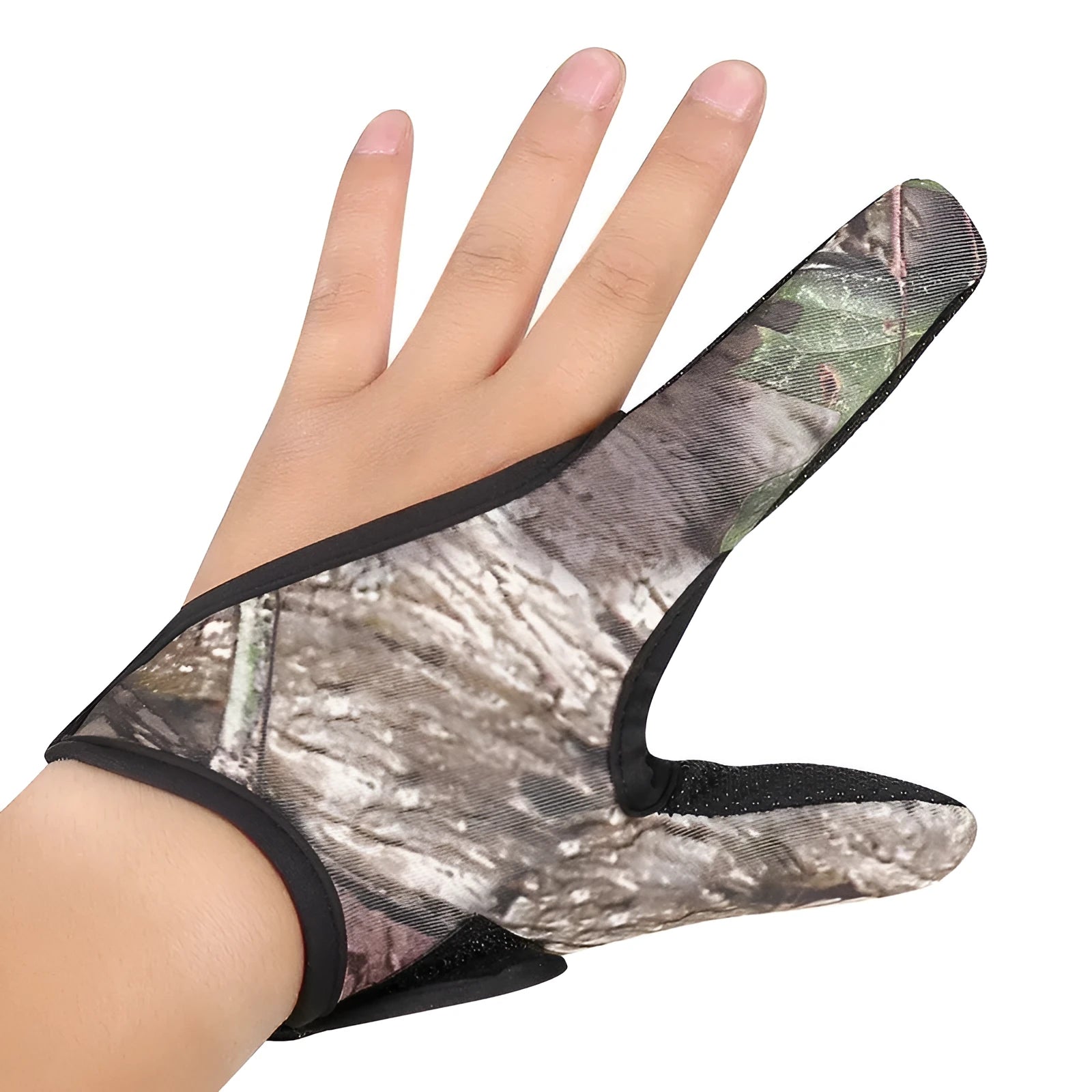 Single two-finger fishing glove in camouflage colour for right hand.