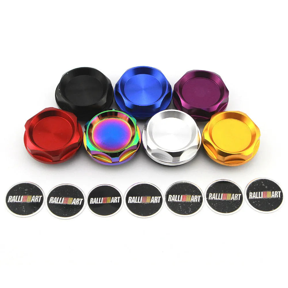 Aluminium alloy oil filter cap for car modification, shown in available colours: red, blue, gold, silver, black, purple.