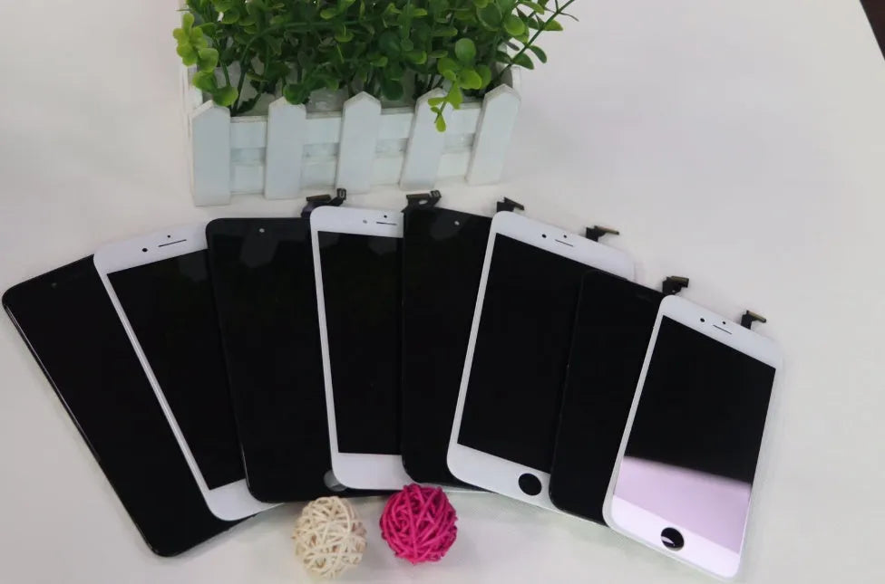 iPhone replacement LCD touchscreen display assembly showing front with black frame.