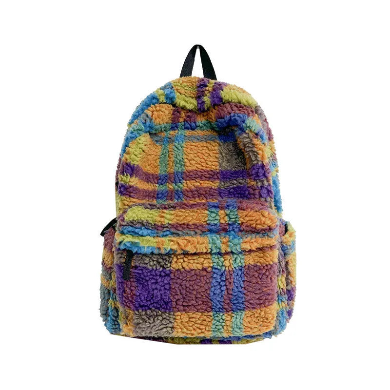 Retro plush plaid backpack in velvet and lamb wool with polyester lining, wear-resistant school bag for junior high school, neutral design