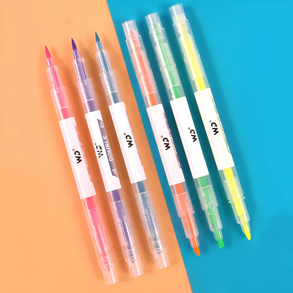 Six double-headed highlighter pens showing round and oblique nibs in six different colours