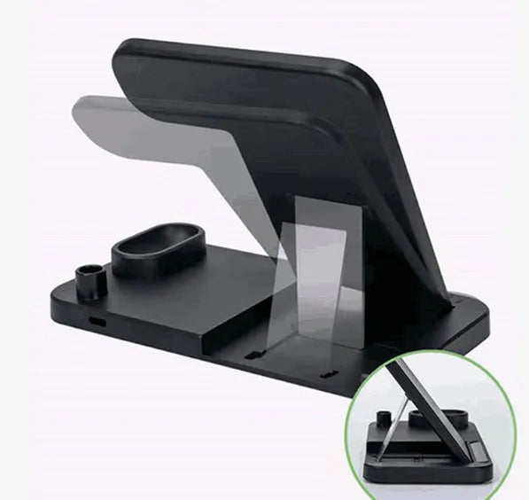 Black 4-in-1 wireless charging station with phone on adjustable magnetic stand, charging Apple Watch, AirPods, and Apple Pencil.