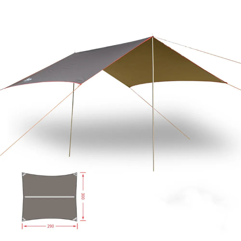 UV rainproof awning camping tent 150D silver coated Oxford cloth 300x290cm khaki colour with poles and ropes on grass