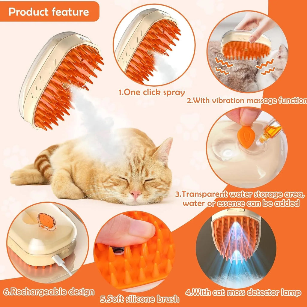 Yellow 4-in-1 cat steam brush with silicone bristles, water tank, and ringworm detector lamp for pet grooming.
