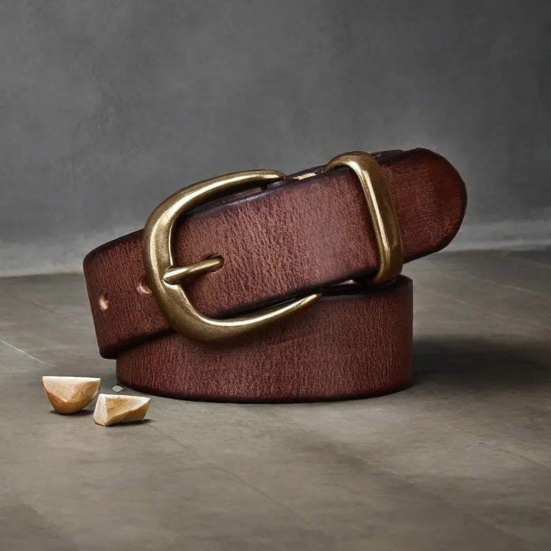 Men's casual leather belt in black with copper buckle showing length adjustment holes
