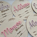 15cm square wooden birth information plaque showing baby's surname, birth date, weight and height details
