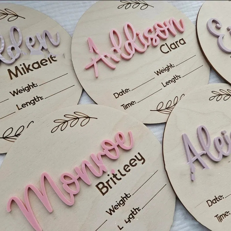 15cm square wooden birth information plaque showing baby's surname, birth date, weight and height details