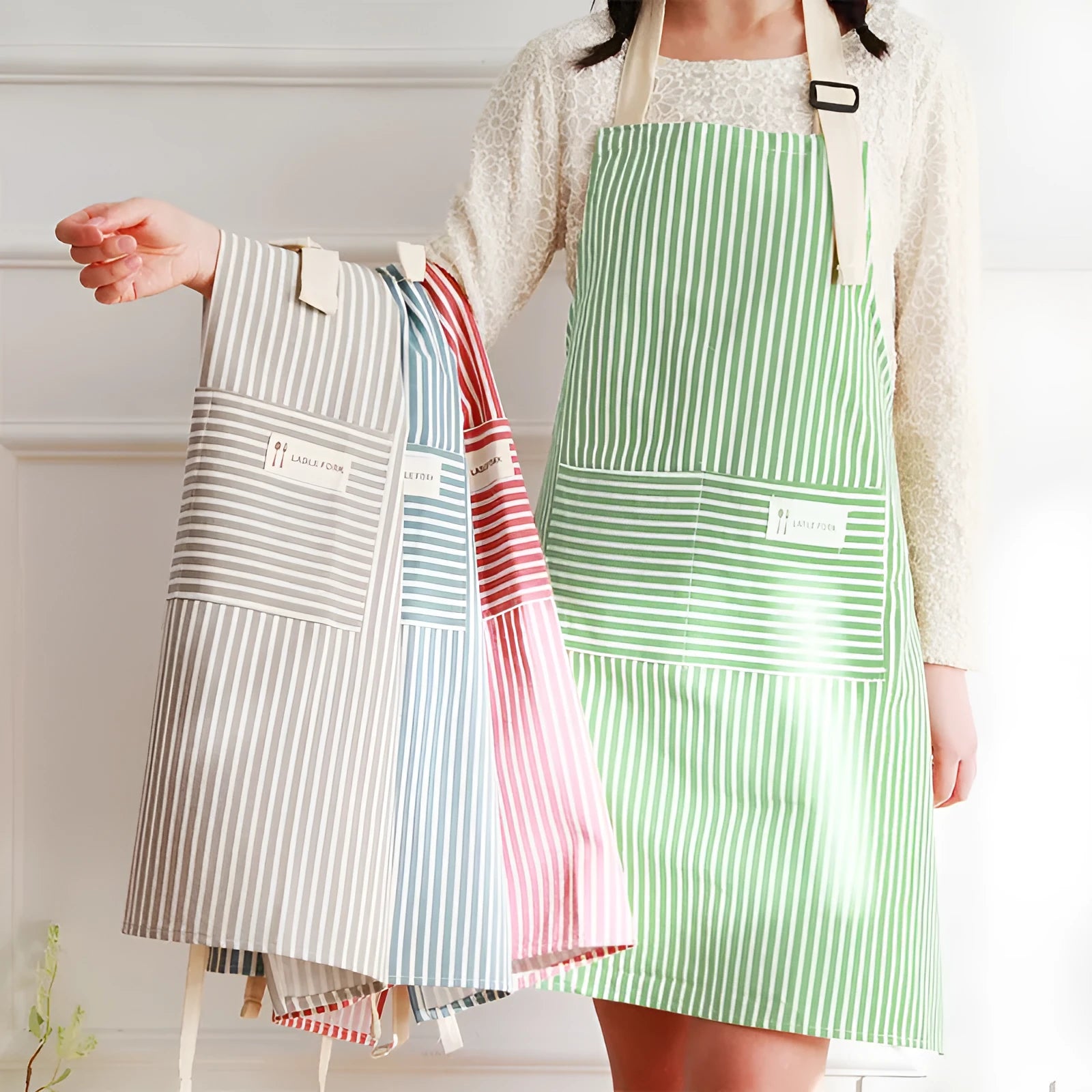 Linen stripe apron in green, one size, anti-stain kitchen apron for household chores