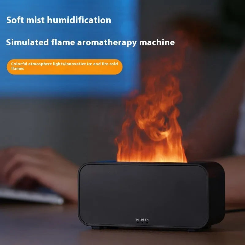 White USB aroma diffuser with simulated flame lighting effect on wooden surface