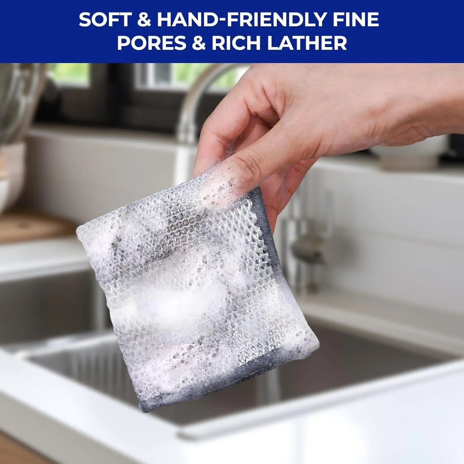 Silver wire and coloured microfiber kitchen cleaning cloths in 20cm and 25cm squares.
