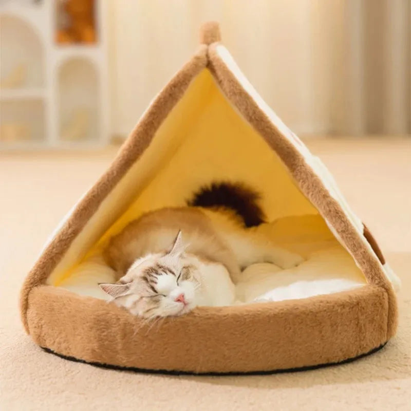 Green winter cat tent pet house with deep cave bed design and soft blanket inside.