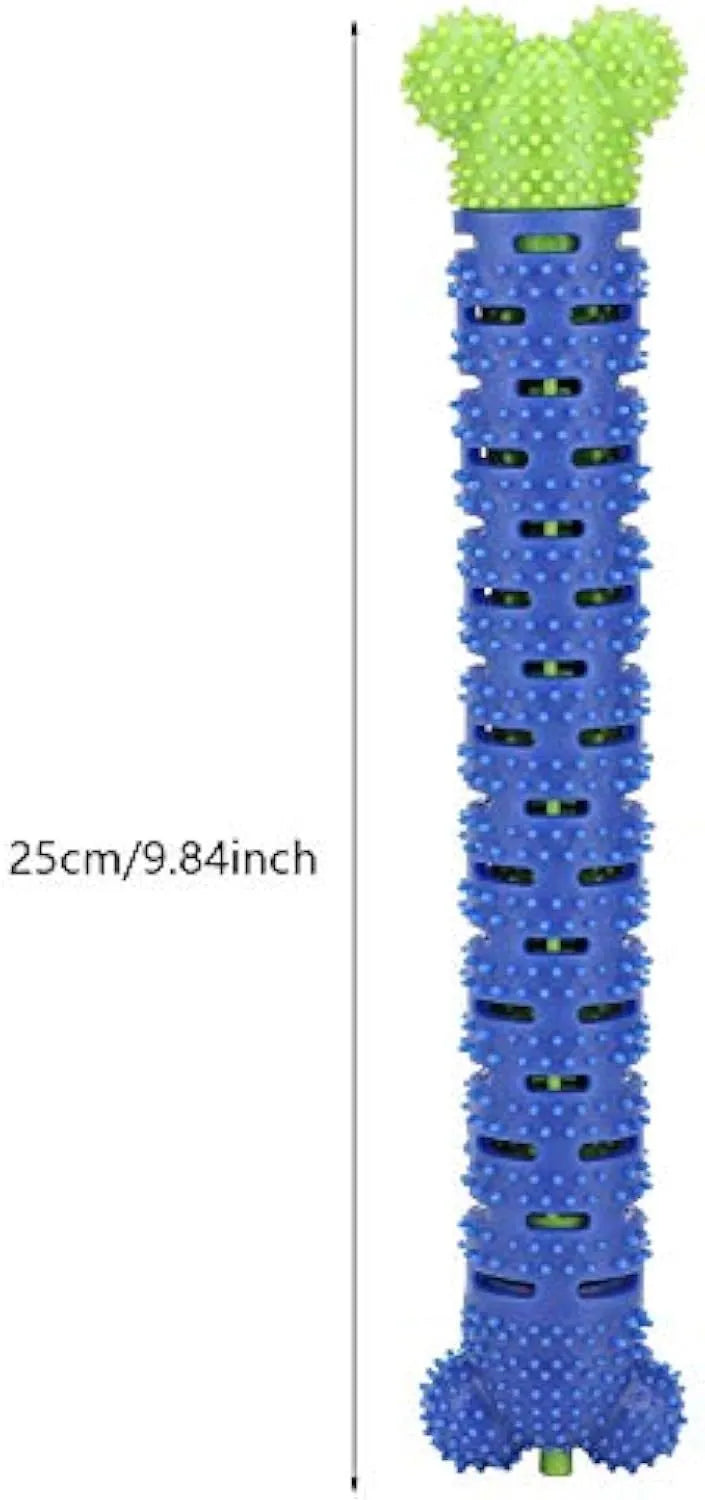 Blue silicone dog dental cleaner stick with serrated brush head and massage nodules, 25cm length