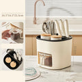 White rotating kitchen storage bucket with separate four-section spice box organiser on countertop.