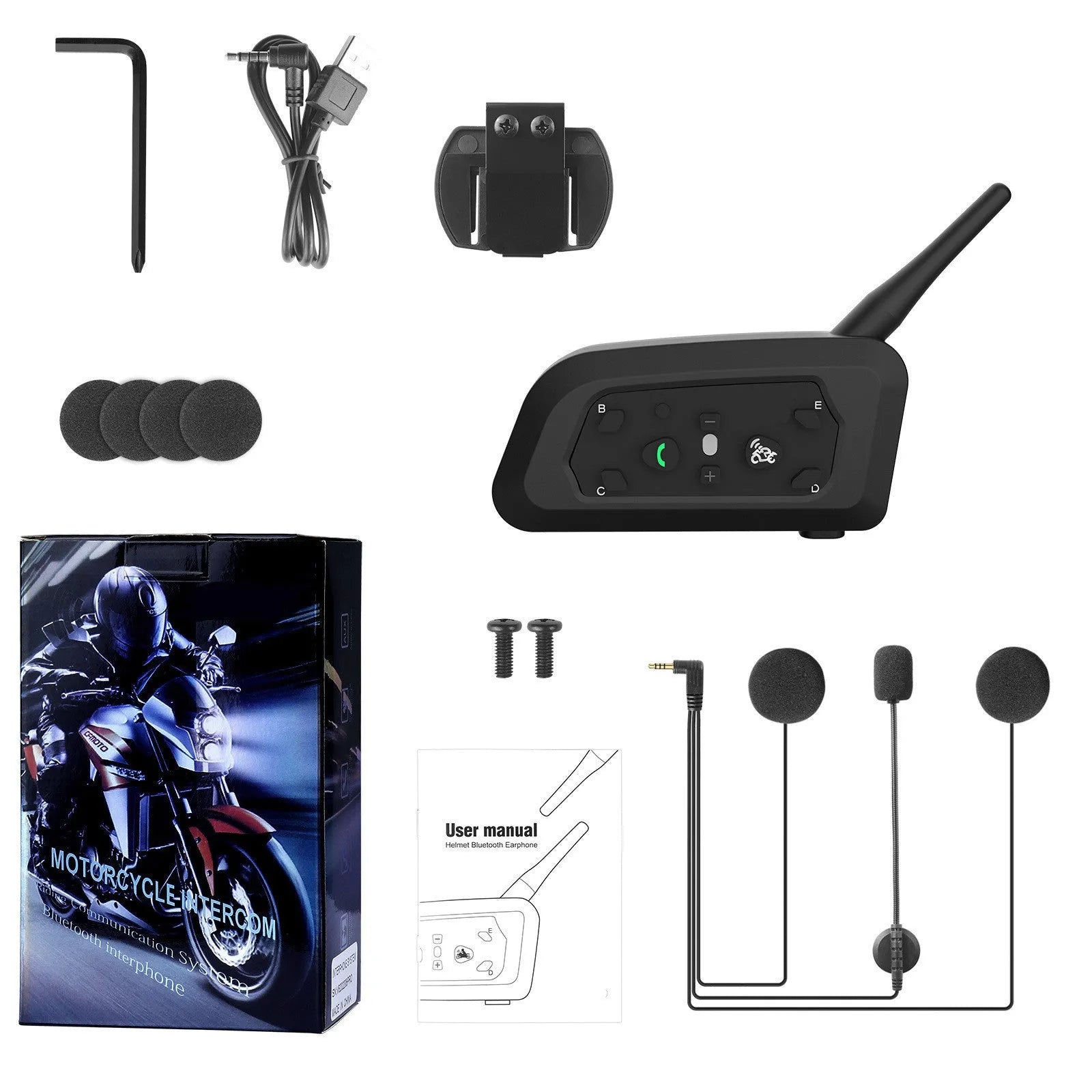 V6 Pro motorcycle Bluetooth intercom unit with mounting clip and headphones