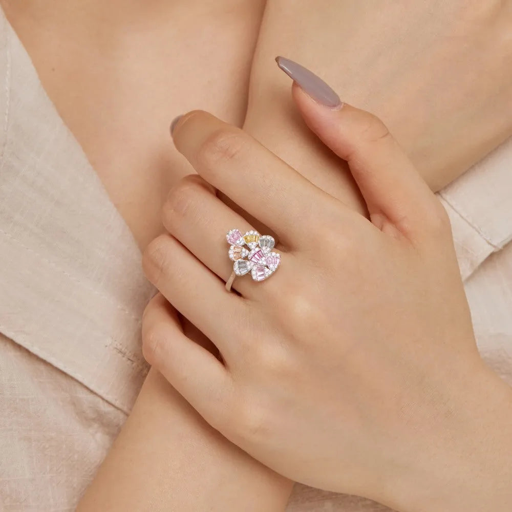 Water drop geometry colour zircon ring silver platinum finish women ring white gold colour