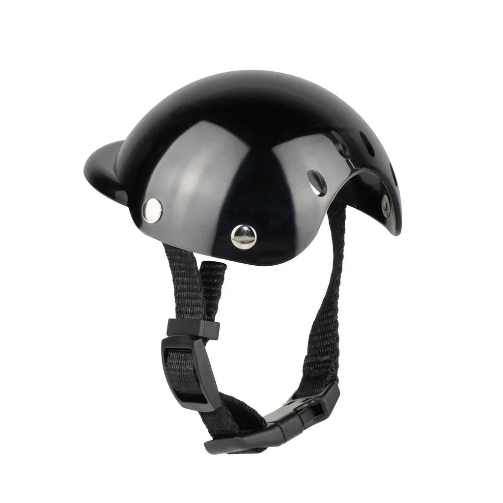 Black pet motorcycle helmet with adjustable strap for dogs and cats on white background