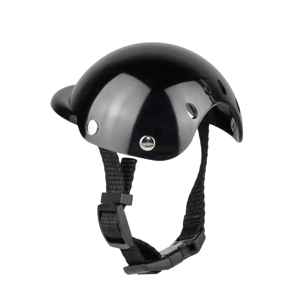 Black pet motorcycle helmet with adjustable strap for dogs and cats on white background