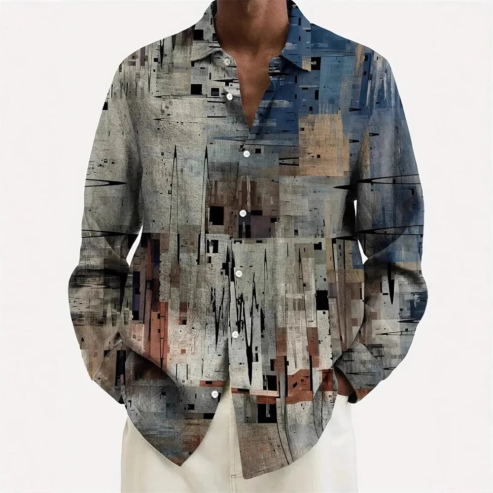 Man wearing a long sleeve Hawaiian shirt with colourful flower patterns, showing loose cardigan style fit.
