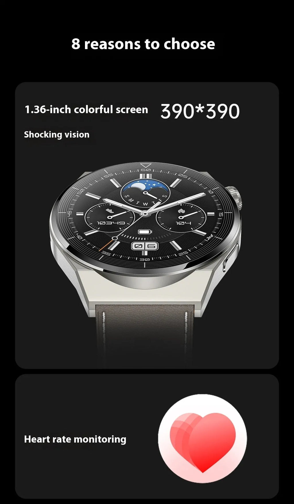 Black silicone and silver vinyl Bluetooth calling smartwatch with heart rate monitoring on wrist