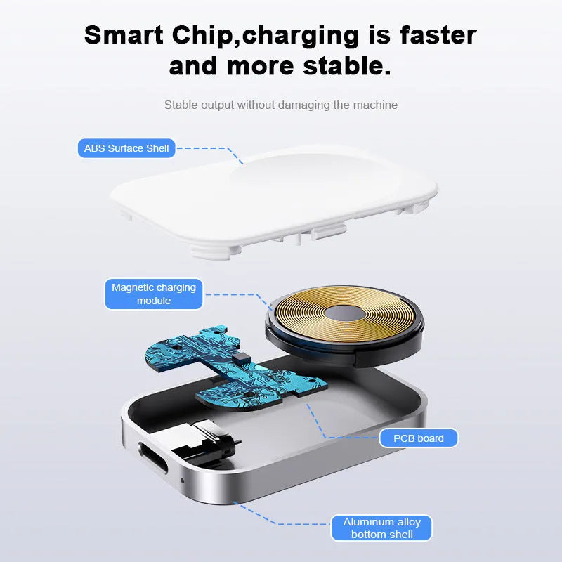 Compact black and white three-in-one magnetic wireless charger with foldable design