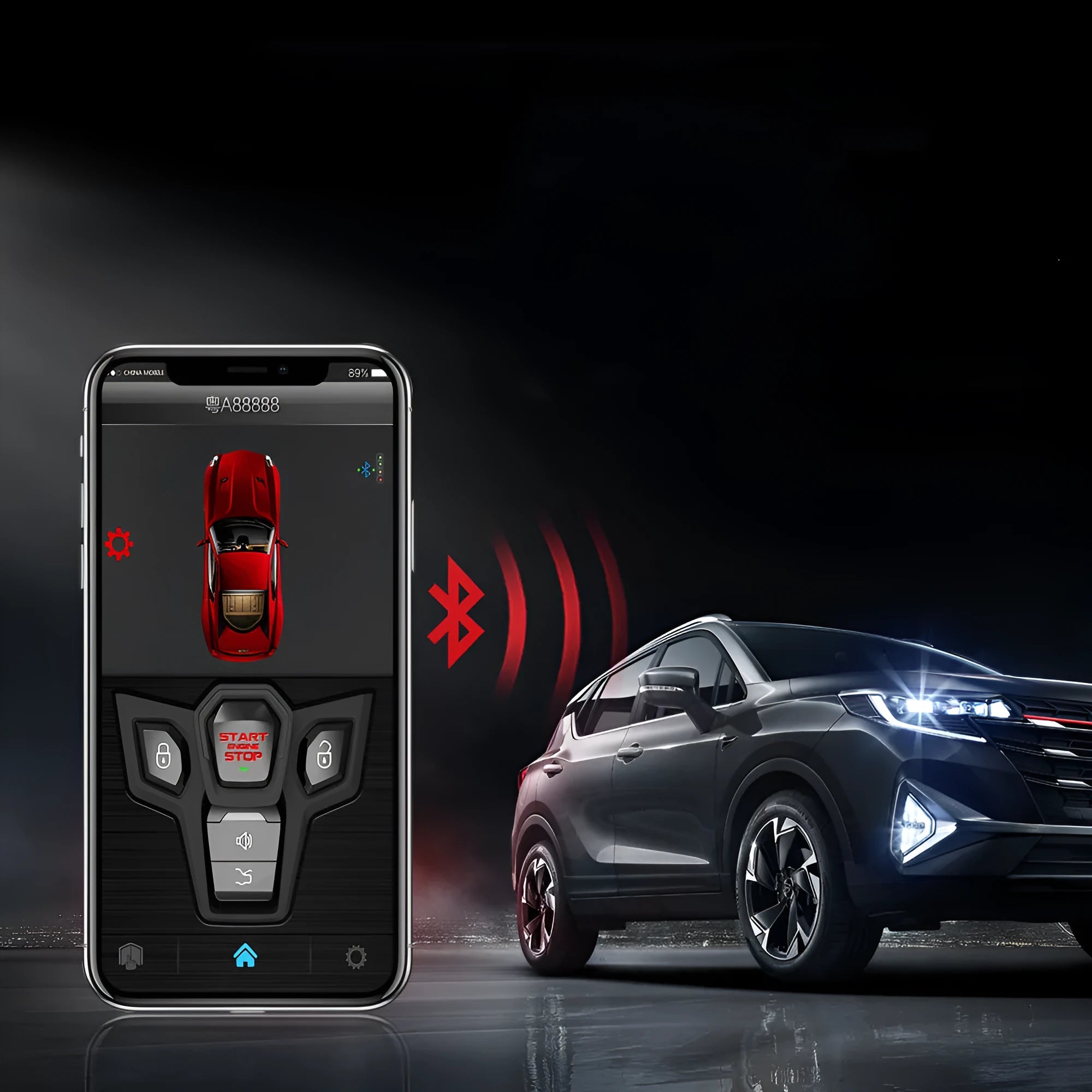 Red and frosted black one-way remote control car alarm with two remote controls for 3000m vehicle protection
