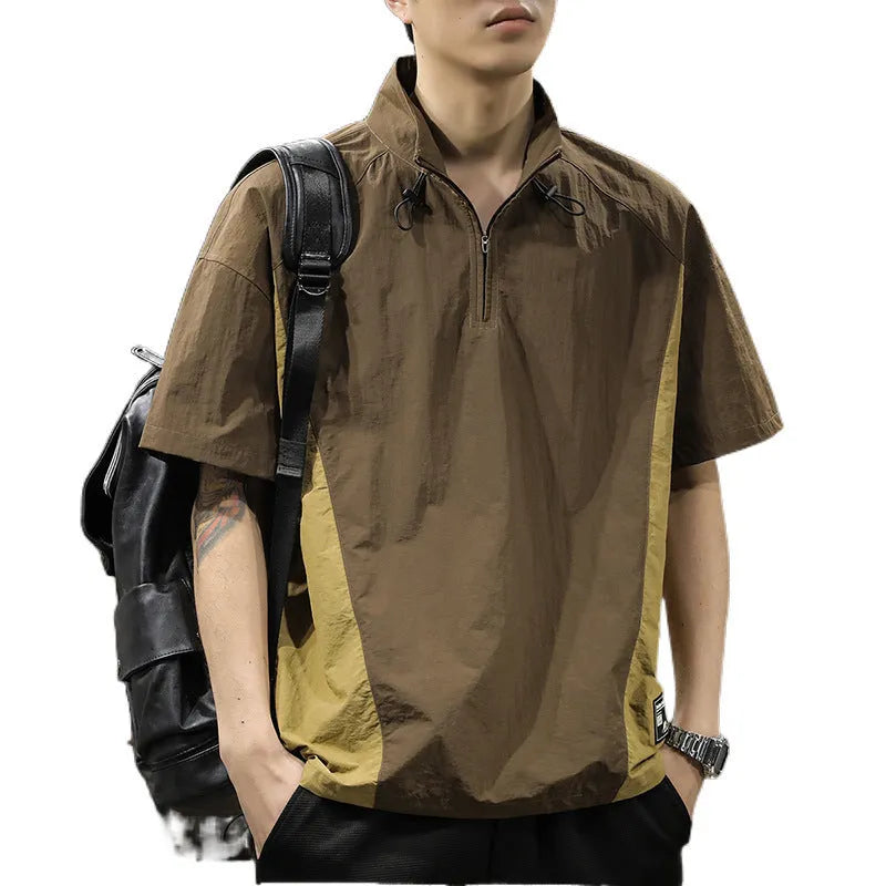 Brown men's half-zip stand collar short-sleeved T-shirt made from Ice Silk fabric.