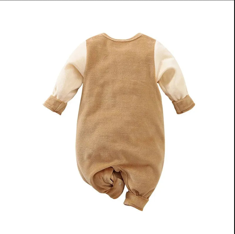 Christmas fawn baby one piece plush thick bodysuit in cotton blend with deer print