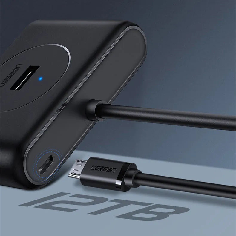 Deep black USB splitter hub with four ports, ABS plastic shell, and indicator light on desk